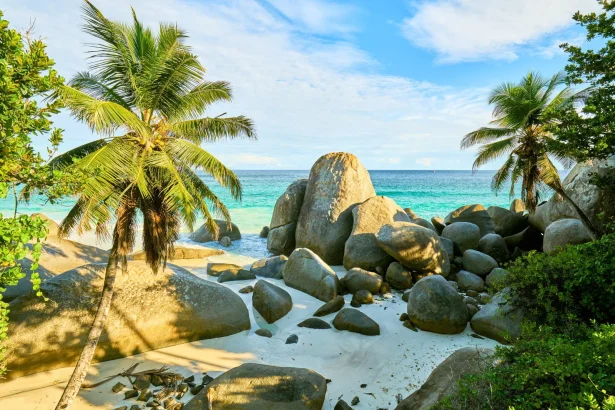 plage tropicale des Seychelles appelée 'Carana Beach', machabee, mahe, seychelles